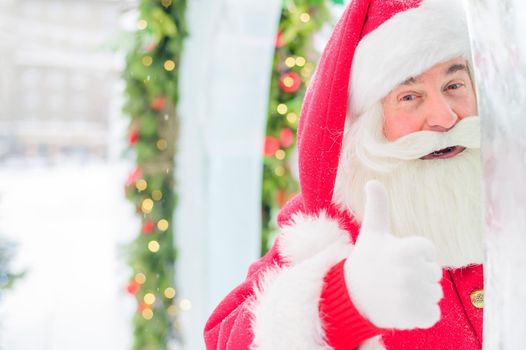 Santa claus peeks out of Christmas decorations outdoors.