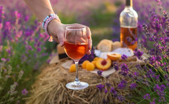 A woman holds wine in glasses. Picnic in the lavender field. Selective focus. nature.