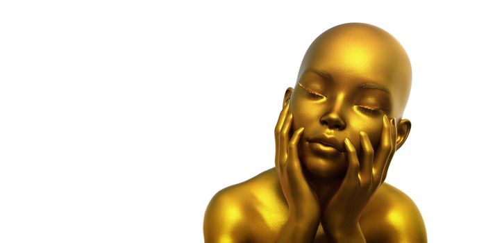 3d model portrait of a bald golden woman on a white backgroun