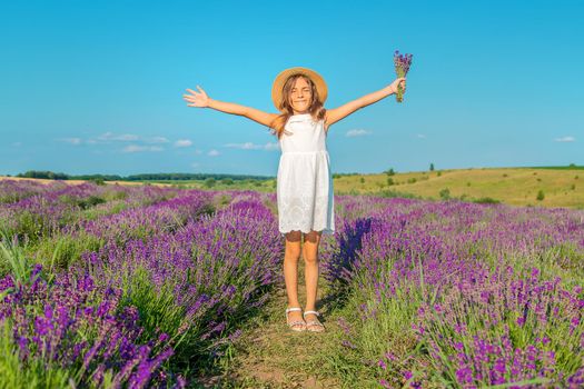 A child in a lavender field. Selective focus. Nature.