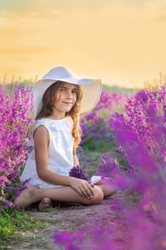 A child in a lavender field. Selective focus. Nature.