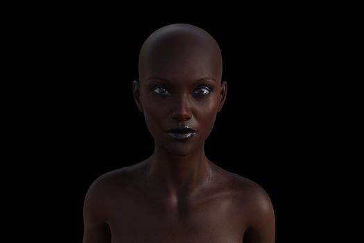 3d model portrait of a bald woman on a black background.