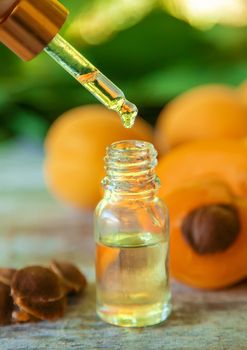 Apricot kernel oil in a bottle. Selective focus. Food.