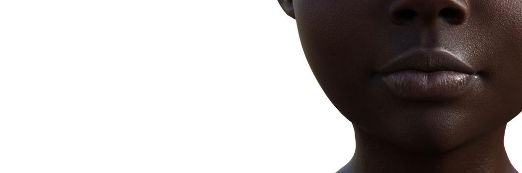 Cropped 3d model portrait of bald black woman on white background.