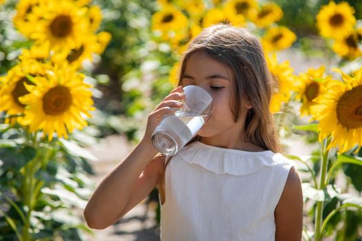 The child drinks water from a glass in a field of flowers. Selective focus. Kid.