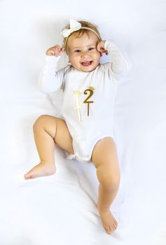 The child is a girl of 12 months. Selective focus. Child.
