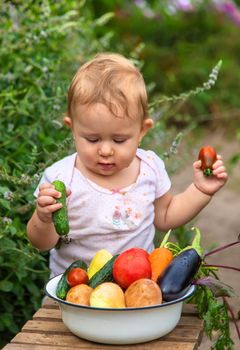 The child holds vegetables in his hands. Selective focus. Kid.
