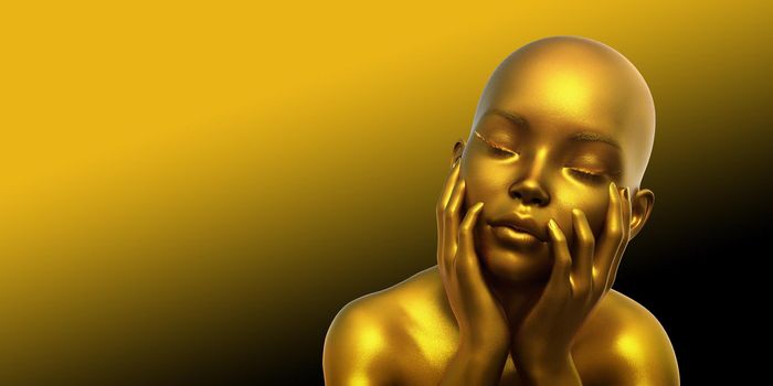3d model portrait of a bald golden woman on a yellow background.