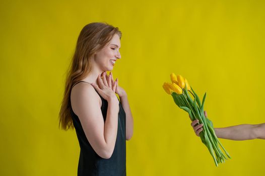 Caucasian woman accepts tulips as a gift on yellow background