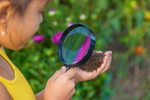 The child examines the ground with a magnifying glass. Selective focus. Nature.