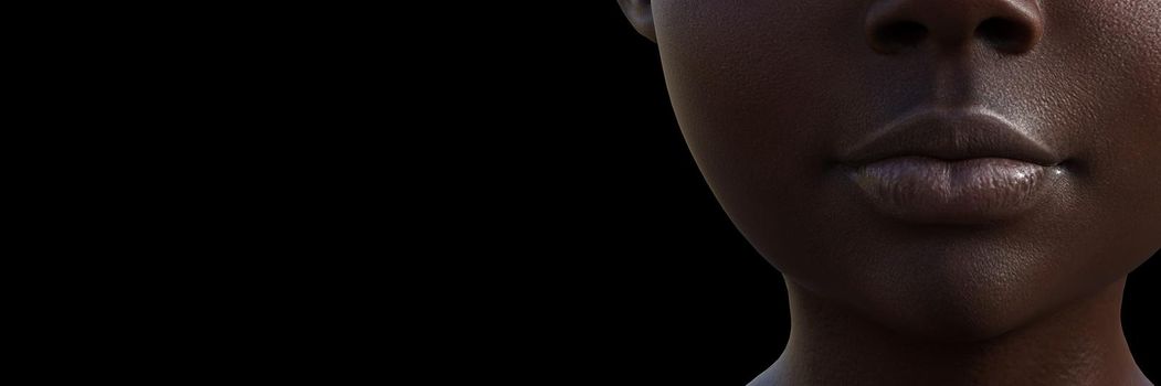 Cropped portrait of 3d model of bald woman on black background. Widescreen.