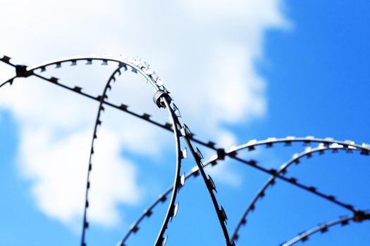 Prison symbol. Closeup of razor wire against blue sky