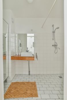 Interior of contemporary bathroom with shower and sink in minimal style in flat