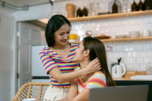 LGBT asian lesbian couple love moments happiness at home concept.