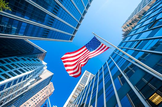 Modern building with USA flag