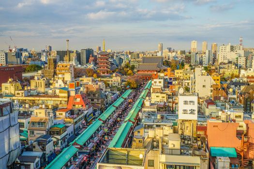 Asakusas Nakamiki Street illuminated by sunset. Shooting Location: Tokyo metropolitan area