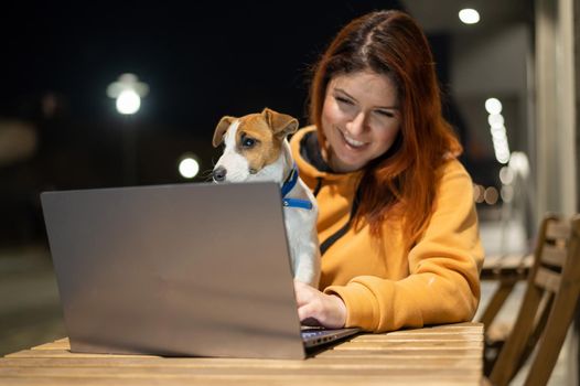 Smiling woman working on laptop at a wooden table in the street. The girl looks at the monitor with her pet jack russell terrier. Freelancer walks the dog in the evening