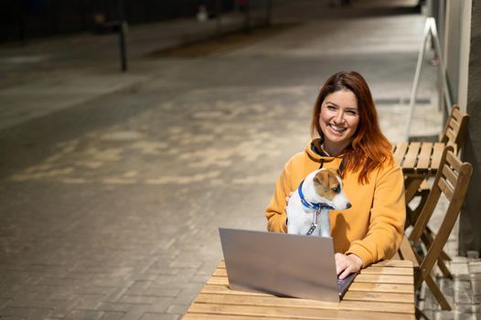 Smiling woman working on laptop at a wooden table in the street. The girl looks at the monitor with her pet jack russell terrier. Freelancer walks the dog in the evening