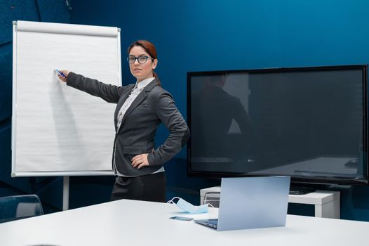 Friendly woman in a suit writes on a blank white board with a marker. Red haired girl makes a presentation in the office. Beautiful female business coach at a conference