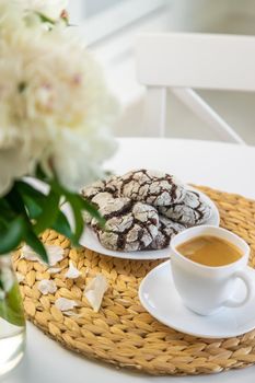 Chocolate chip cookies for breakfast on the table. Selective focus. Food.