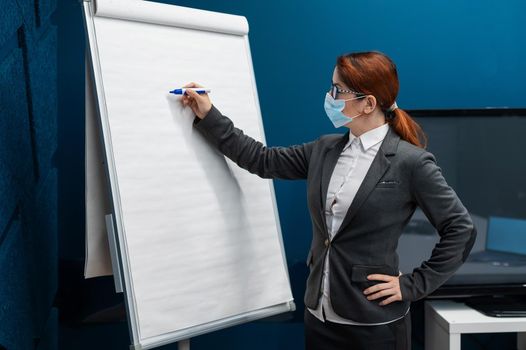 A woman in a medical mask leads a seminar in a conference hall. Business coach writes on a paper white board in the office. Female employee demonstrates presentation while maintaining social distance