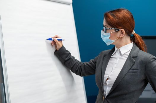 A woman in a medical mask leads a seminar in a conference hall. Business coach writes on a paper white board in the office. Female employee demonstrates presentation while maintaining social distance