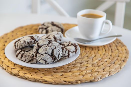 Chocolate chip cookies for breakfast on the table. Selective focus. Food.
