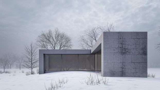 3D rendering illustration of modern house with Snow Landscape