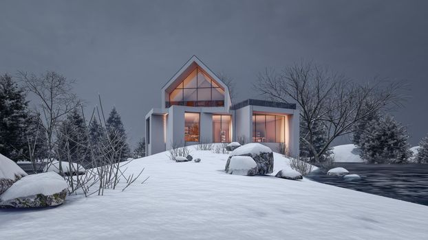 3D rendering illustration of modern house with Snow Landscape