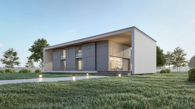 3D rendering illustration of modern house with natural Landscape