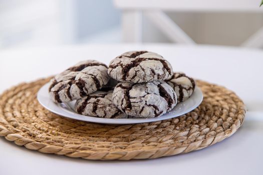 Chocolate chip cookies for breakfast on the table. Selective focus. Food.