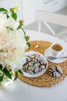 Chocolate chip cookies for breakfast on the table. Selective focus. Food.