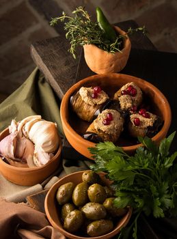 A vertical shot of eggplant rolls