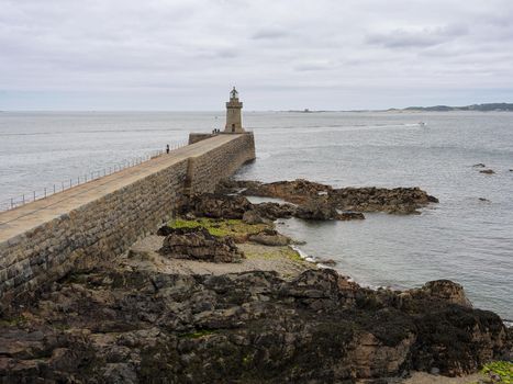 View down to Castle Breakwater Lighthouse, St Peter Port Harbour, Guernsey, Channel Islands