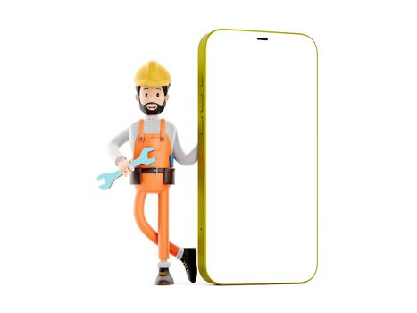 funny worker or engineer repair phone, builder mechanic cartoon character with mobile phone, 3d rendering.