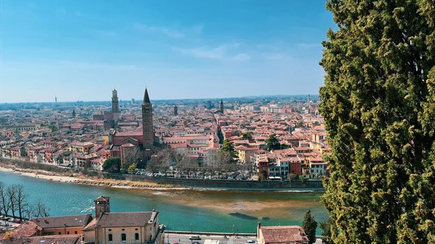 Verona, Italy - March 19, 2022: Beautiful photography of the Arena at Piazza Brà in Verona, a famous Roman amphitheater. Macro view of the old construction by day.