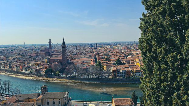 Verona, Italy - March 19, 2022: Beautiful photography of the Arena at Piazza Brà in Verona, a famous Roman amphitheater. Macro view of the old construction by day.