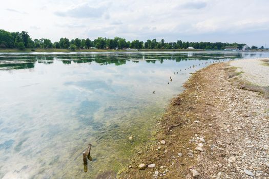 Idroscalo lake park, on the left the stands, cloudy day, Milan, Italy.