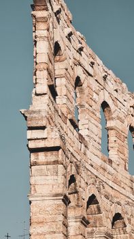 Verona, Italy - March 19, 2022: Beautiful photography of the Arena at Piazza Brà in Verona, a famous Roman amphitheater. Macro view of the old construction by day.