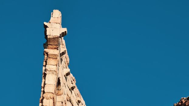 Verona, Italy - March 19, 2022: Beautiful photography of the Arena at Piazza Brà in Verona, a famous Roman amphitheater. Macro view of the old construction by day.