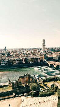 ROME, ITALY - February 05, 2022: Panoramic view around the Colosseum in city of Rome, Italy. Cold and gray sky in the background. Macro photography of the green parks with the old buildings.