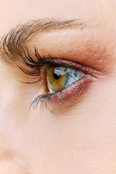 a close-up photo of a woman's eyes, with evening makeup. Vertical photo without retouching. High quality photo