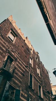 ROME, ITALY - February 05, 2022: Panoramic view around the Colosseum in city of Rome, Italy. Cold and gray sky in the background. Macro photography of the green parks with the old buildings.