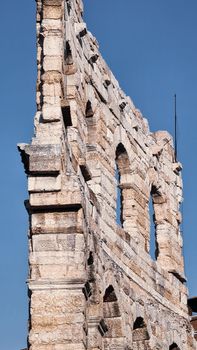 ROME, ITALY - February 05, 2022: Panoramic view around the Colosseum in city of Rome, Italy. Cold and gray sky in the background. Macro photography of the green parks with the old buildings.