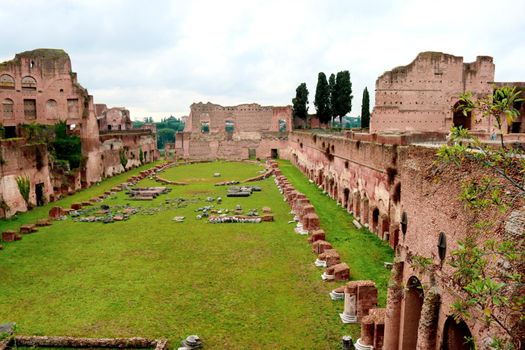 ROME, ITALY - February 05, 2022: Panoramic view around the Colosseum in city of Rome, Italy. Cold and gray sky in the background. Macro photography of the green parks with the old buildings.