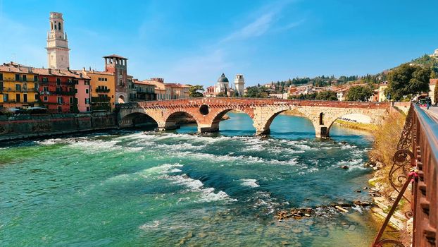 Verona, Italy - March 19, 2022: Beautiful photography of the Arena at Piazza Brà in Verona, a famous Roman amphitheater. Macro view of the old construction by day.