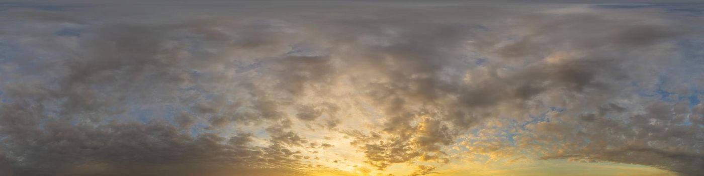 Dark blue sunset sky panorama with pink Cumulus clouds. Seamless hdr 360 pano in spherical equirectangular format. Full zenith for 3D visualization, game, sky replacement for aerial drone panoramas