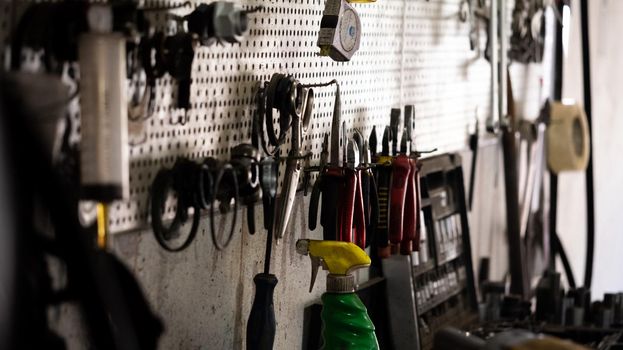 Assortment kit of tools in mechanic garage car service