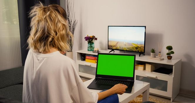 Smiling woman tell a story in a video chat with a friend. Over shoulder shot Laptop Green Screen for Copy Space Chroma Key Mockup.