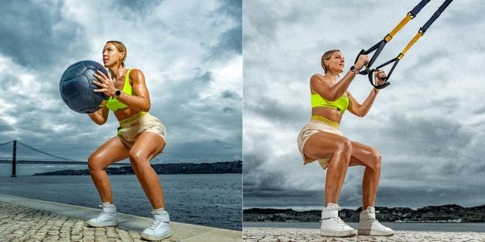 Woman doing push ups with trx fitness straps outdoors. Sporty woman with fit body in sportswear posing on sky background
